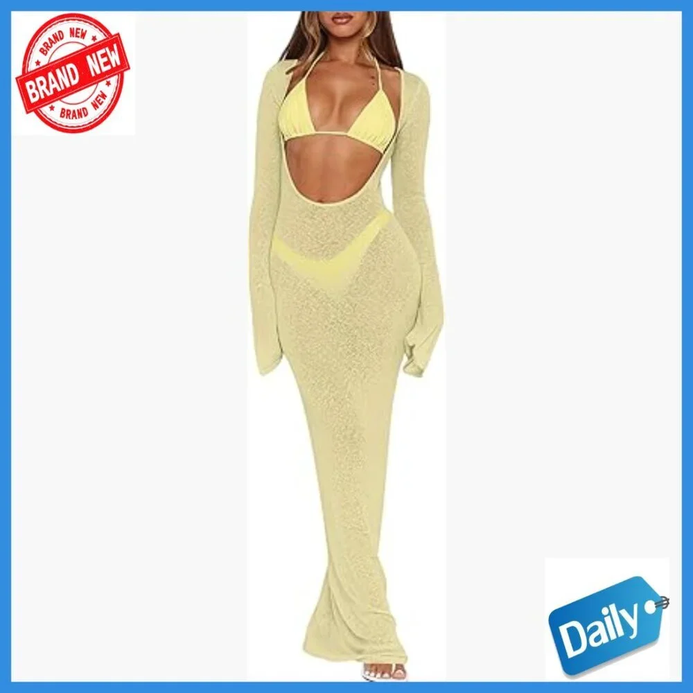 3-Piece Bikini Set with Sheer Mesh Cover Up Dress, Halter Triangle Top, Cheeky
